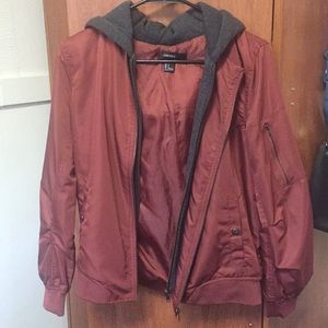 Cute red bomber jacket with fake hoodie